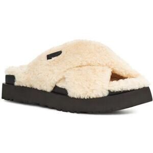 UGG Fuzz Sugar Cream Black Cross Platform Slip On Slide Slippers Women’s Size 9
